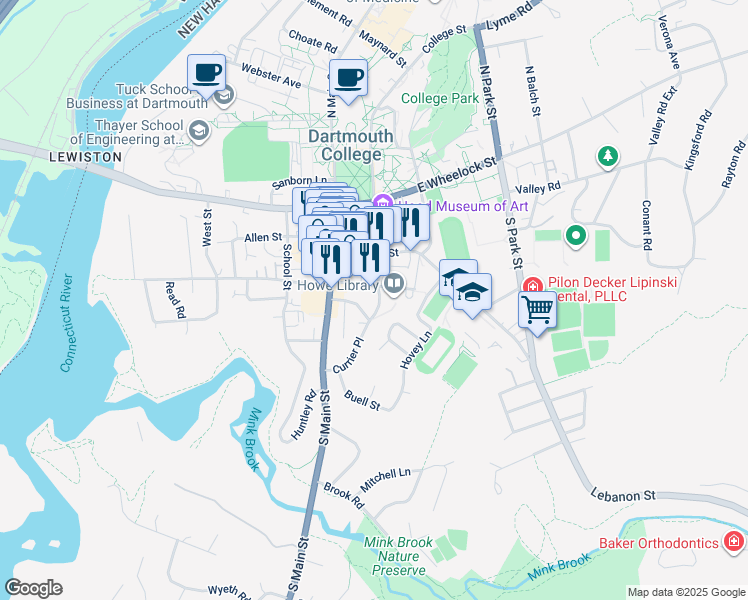 map of restaurants, bars, coffee shops, grocery stores, and more near 5A Currier Place in Hanover