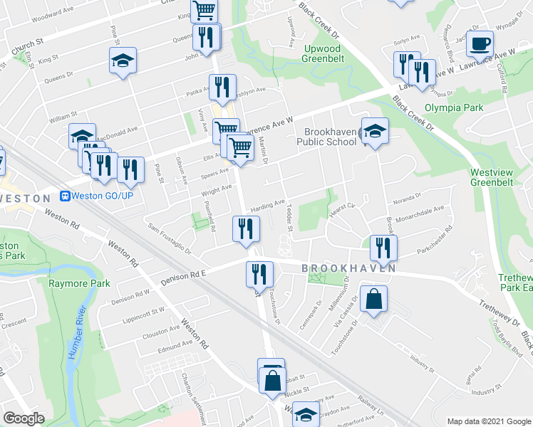 map of restaurants, bars, coffee shops, grocery stores, and more near 15 Harding Avenue in Toronto