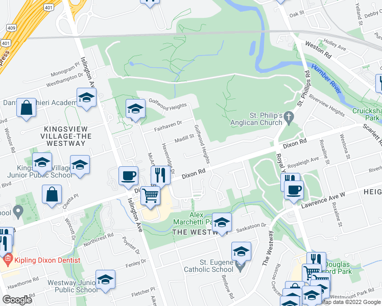 map of restaurants, bars, coffee shops, grocery stores, and more near 66 Braywin Drive in Toronto