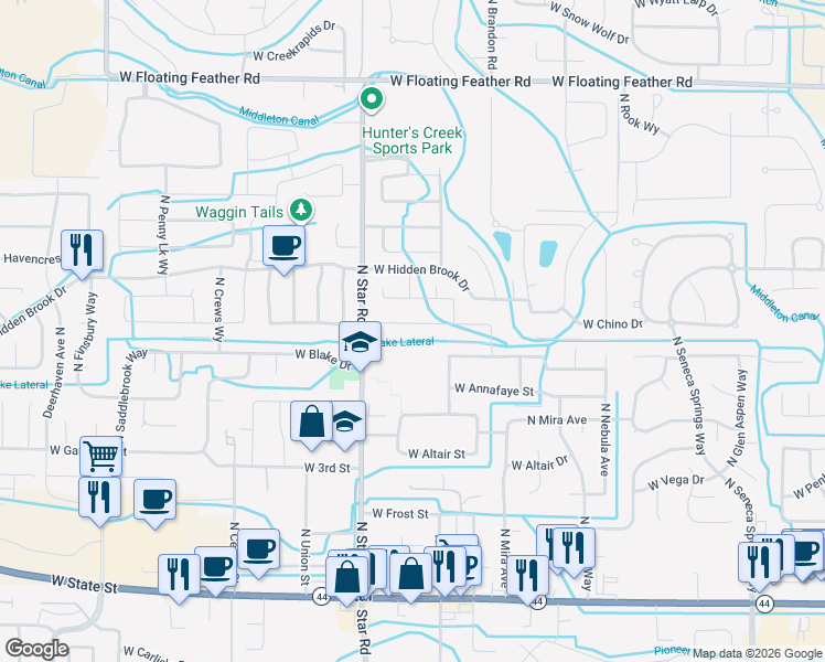 map of restaurants, bars, coffee shops, grocery stores, and more near 11121 West Box Canyon Court in Star