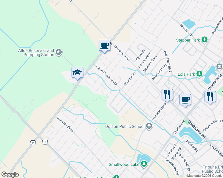 map of restaurants, bars, coffee shops, grocery stores, and more near 16 Zenida Road in Brampton