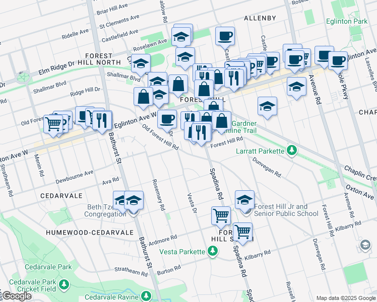 map of restaurants, bars, coffee shops, grocery stores, and more near 91 Old Forest Hill Road in Toronto