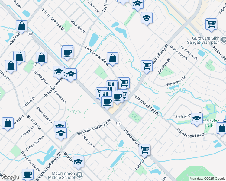 map of restaurants, bars, coffee shops, grocery stores, and more near 24 Irene Crescent in Brampton