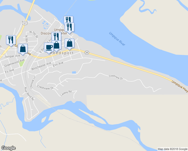 map of restaurants, bars, coffee shops, grocery stores, and more near 866 Crestview Drive in Reedsport