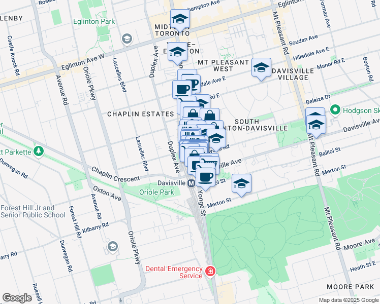 map of restaurants, bars, coffee shops, grocery stores, and more near 1954 Yonge Street in Toronto