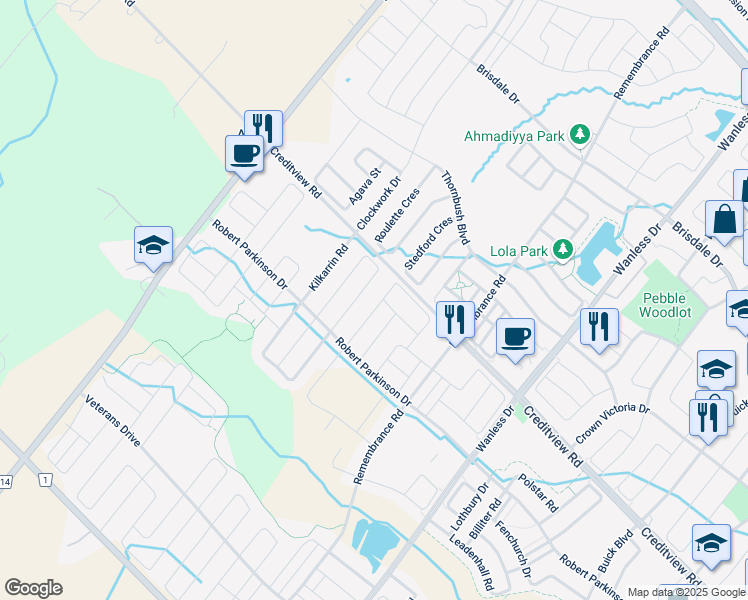 map of restaurants, bars, coffee shops, grocery stores, and more near 52 Stewardship Road in Brampton