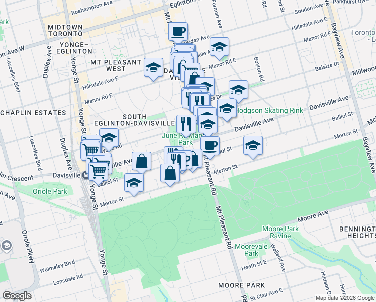 map of restaurants, bars, coffee shops, grocery stores, and more near 225 Davisville Avenue in Toronto