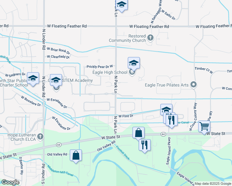 map of restaurants, bars, coffee shops, grocery stores, and more near 574 North Park Lane in Eagle