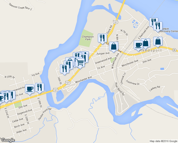 map of restaurants, bars, coffee shops, grocery stores, and more near 1175 Fir Avenue in Reedsport