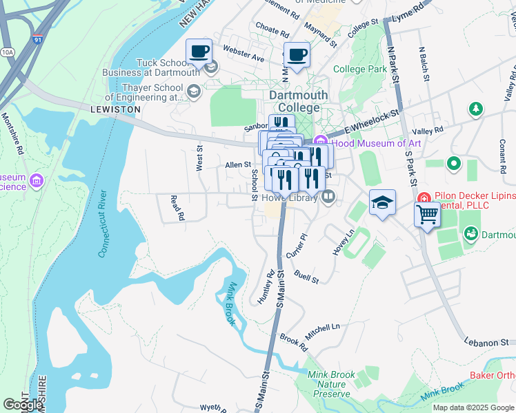 map of restaurants, bars, coffee shops, grocery stores, and more near 22A School Street in Hanover