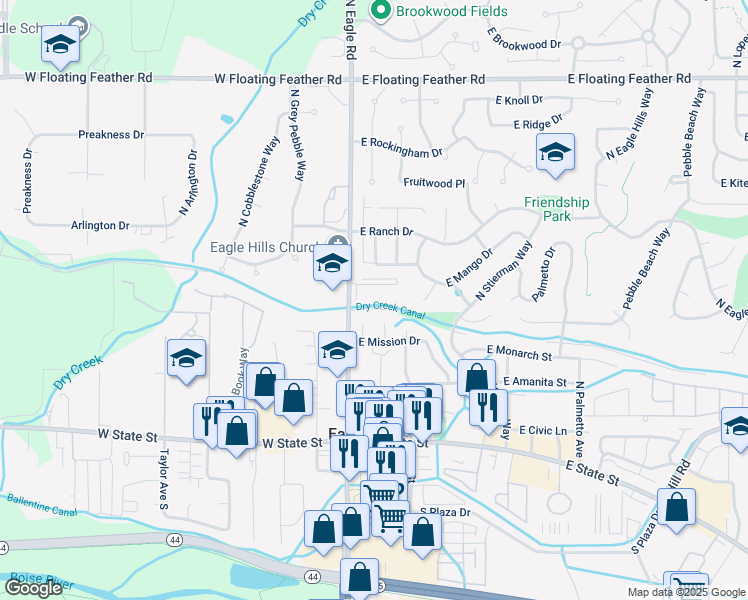 map of restaurants, bars, coffee shops, grocery stores, and more near 540 North Eagle Road in Eagle