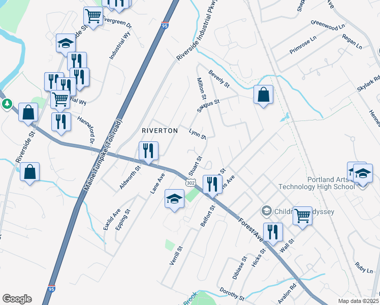 map of restaurants, bars, coffee shops, grocery stores, and more near 66 Stuart Street in Portland