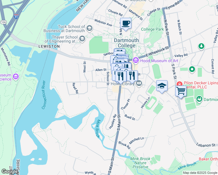 map of restaurants, bars, coffee shops, grocery stores, and more near 22A School Street in Hanover