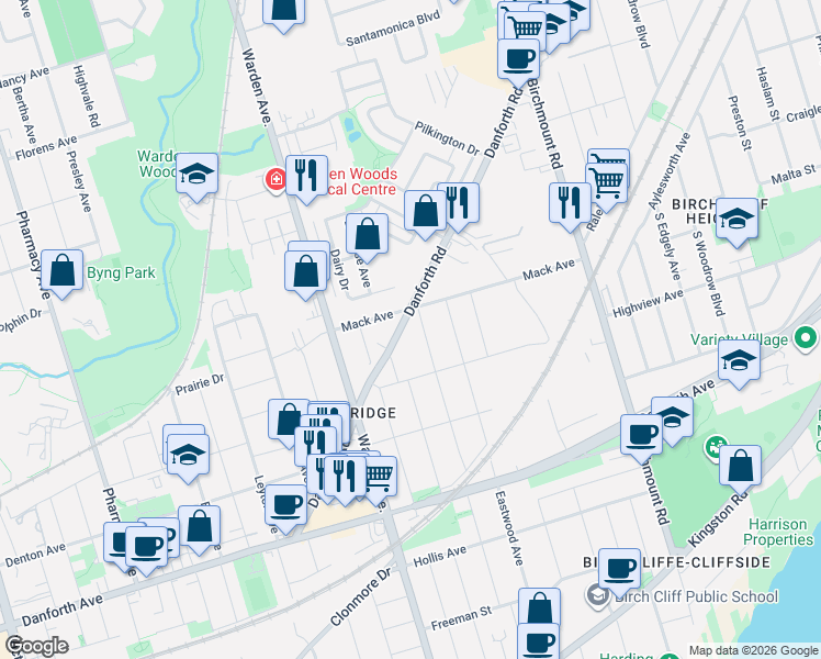 map of restaurants, bars, coffee shops, grocery stores, and more near in Toronto