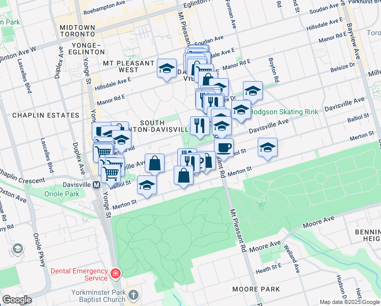 map of restaurants, bars, coffee shops, grocery stores, and more near in Toronto