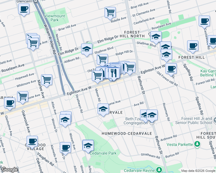 map of restaurants, bars, coffee shops, grocery stores, and more near in Toronto