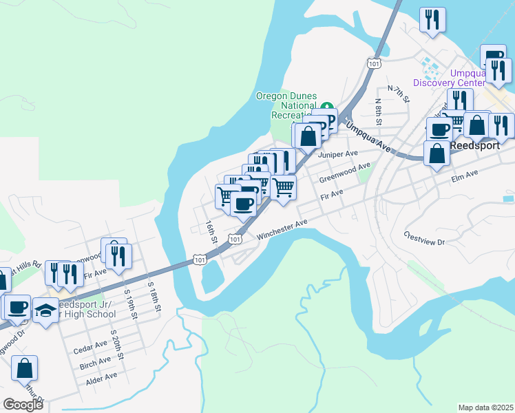 map of restaurants, bars, coffee shops, grocery stores, and more near 1399 Oregon Coast Highway in Reedsport