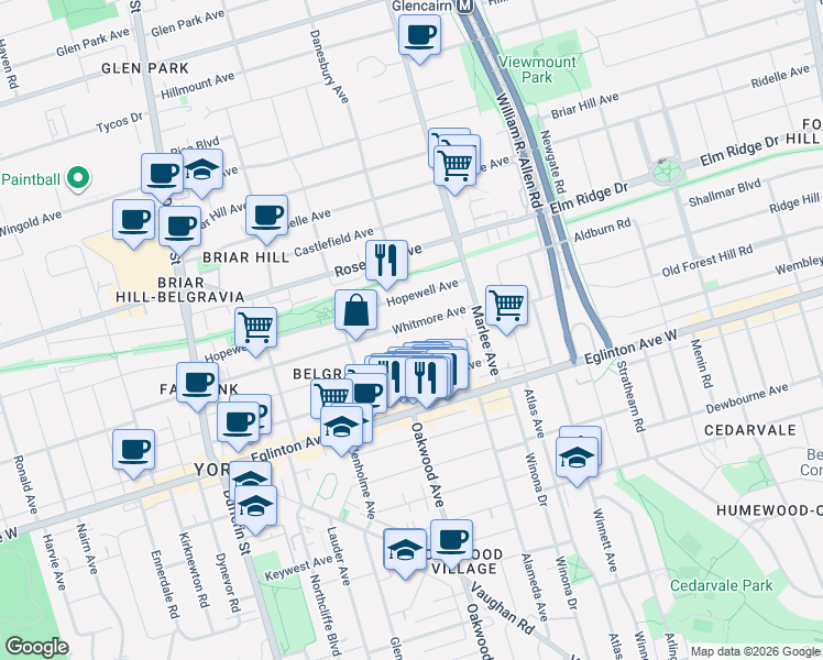 map of restaurants, bars, coffee shops, grocery stores, and more near 365 Whitmore Avenue in Toronto
