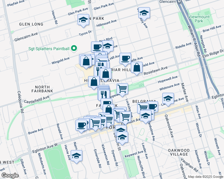 map of restaurants, bars, coffee shops, grocery stores, and more near 20 Prado Court in Toronto