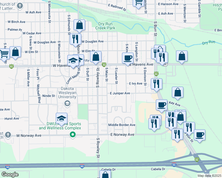 map of restaurants, bars, coffee shops, grocery stores, and more near 1116 South Main Street in Mitchell