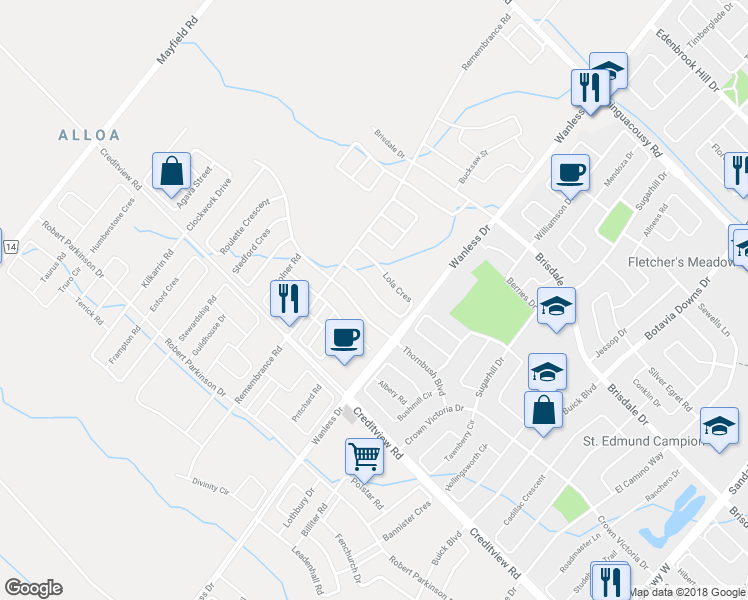 map of restaurants, bars, coffee shops, grocery stores, and more near 90 Lola Crescent in Brampton