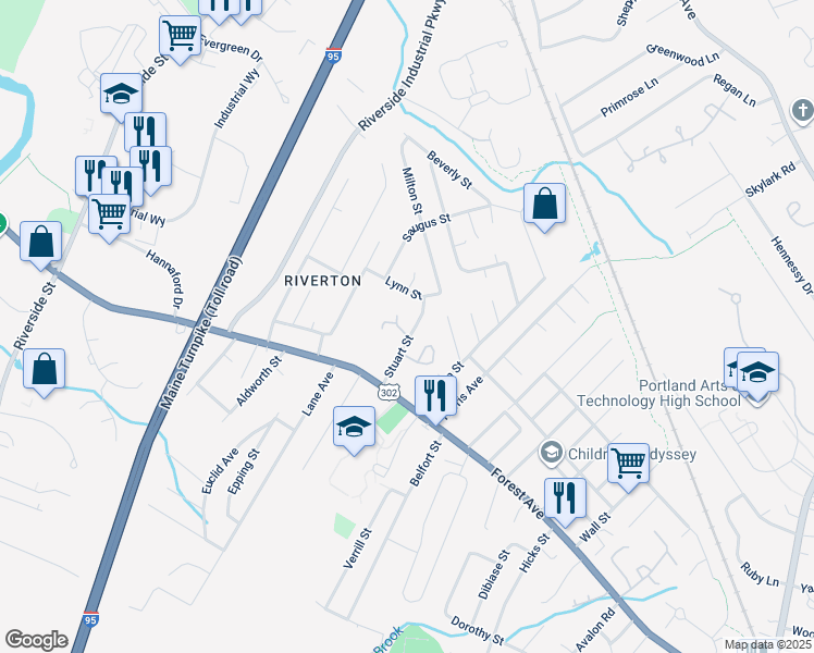 map of restaurants, bars, coffee shops, grocery stores, and more near 66 Stuart Street in Portland