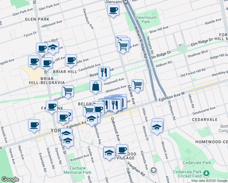 map of restaurants, bars, coffee shops, grocery stores, and more near 359 Whitmore Avenue in Toronto