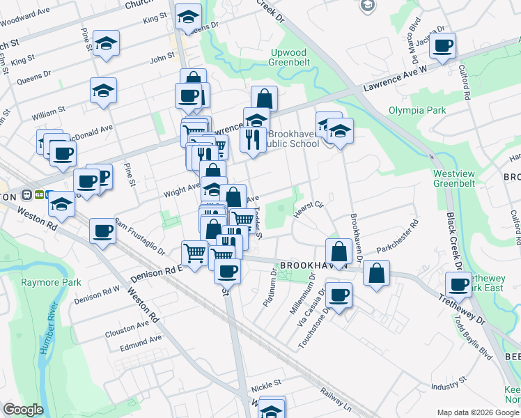 map of restaurants, bars, coffee shops, grocery stores, and more near in Toronto