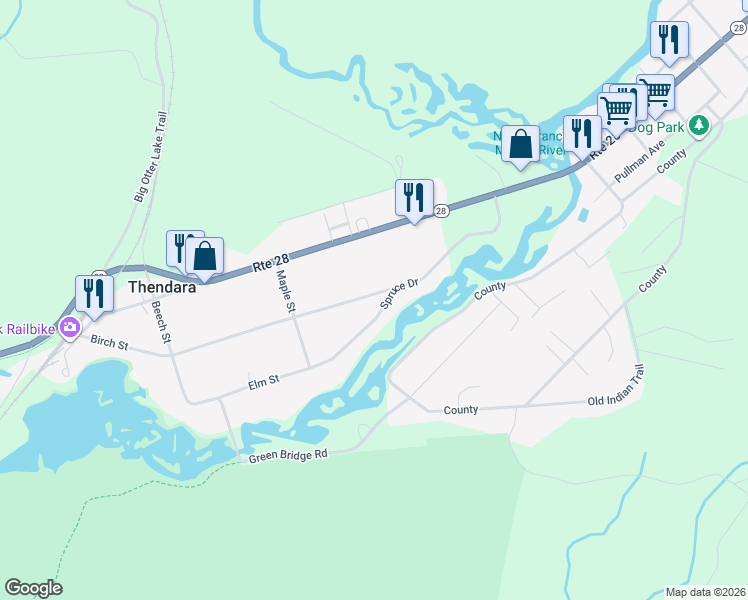 map of restaurants, bars, coffee shops, grocery stores, and more near 200 Spruce Drive in Thendara