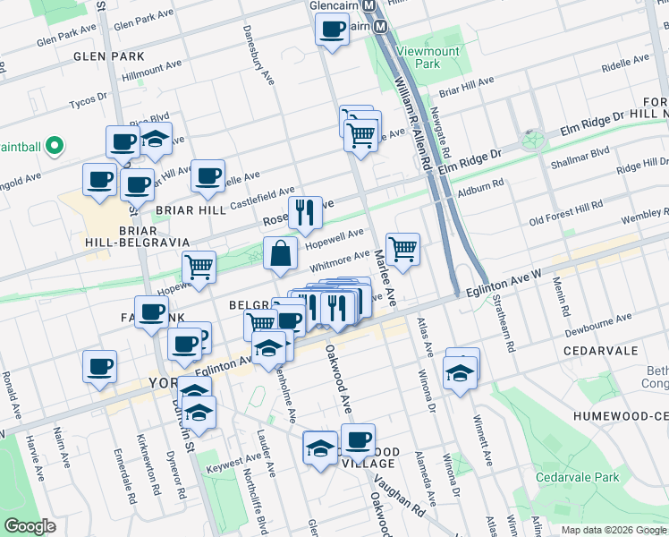map of restaurants, bars, coffee shops, grocery stores, and more near 359 Whitmore Avenue in Toronto