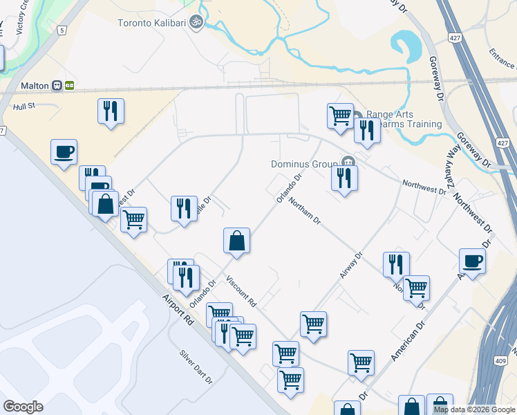 map of restaurants, bars, coffee shops, grocery stores, and more near 3209 Orlando Drive in Mississauga