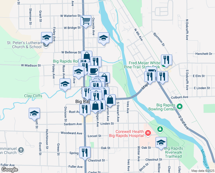 map of restaurants, bars, coffee shops, grocery stores, and more near 215 East Spruce Street in Big Rapids