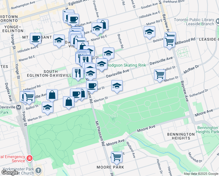 map of restaurants, bars, coffee shops, grocery stores, and more near 395 Balliol Street in Toronto