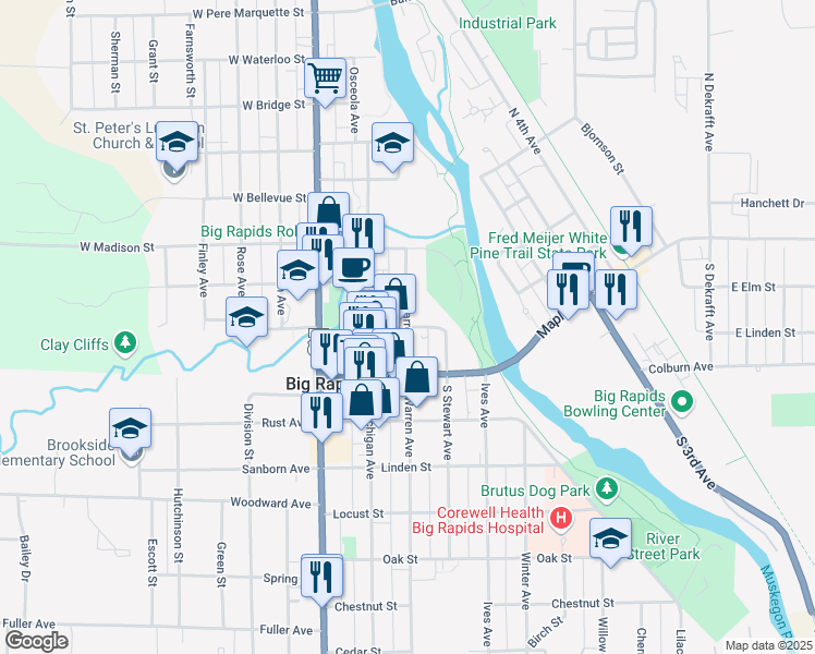 map of restaurants, bars, coffee shops, grocery stores, and more near 215 East Spruce Street in Big Rapids