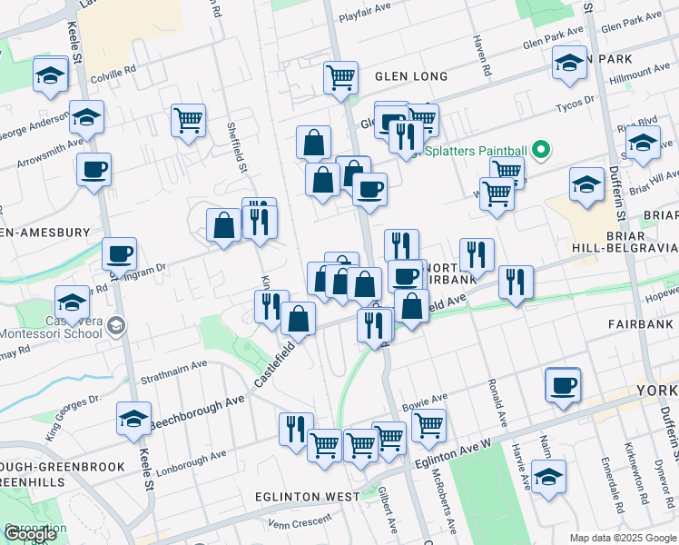 map of restaurants, bars, coffee shops, grocery stores, and more near in Toronto