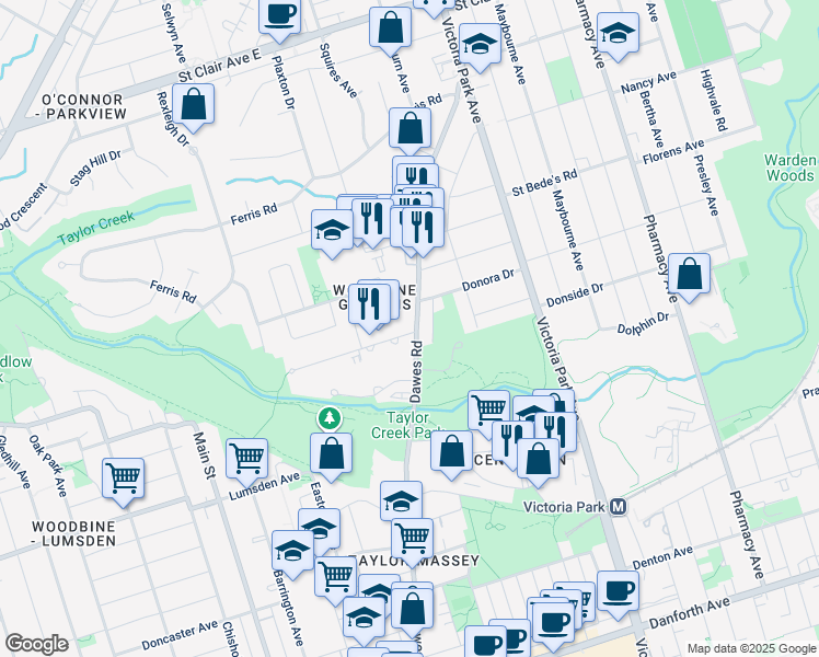 map of restaurants, bars, coffee shops, grocery stores, and more near in Toronto