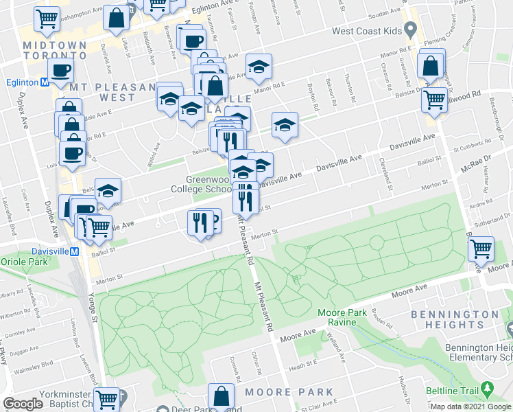 map of restaurants, bars, coffee shops, grocery stores, and more near 421 Mount Pleasant Road in Toronto