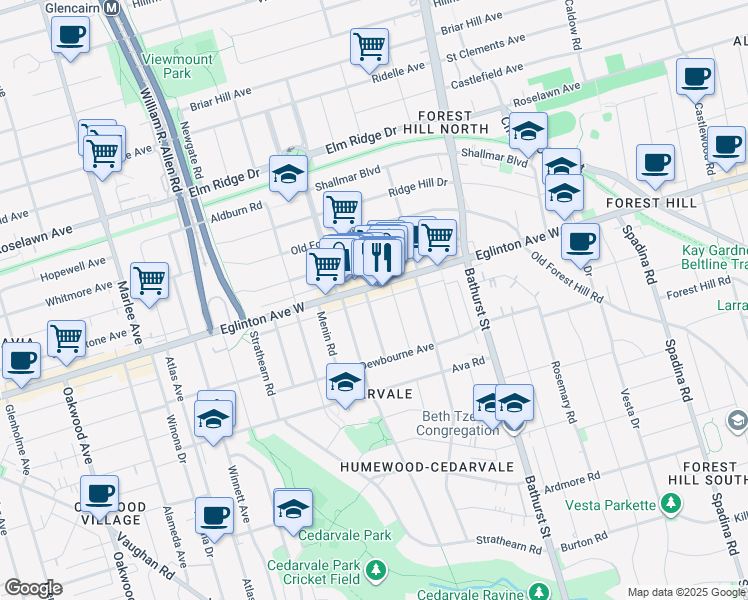 map of restaurants, bars, coffee shops, grocery stores, and more near in Toronto