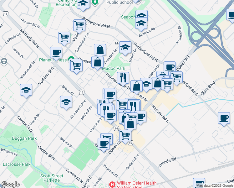 map of restaurants, bars, coffee shops, grocery stores, and more near 57 Hansen Road North in Brampton