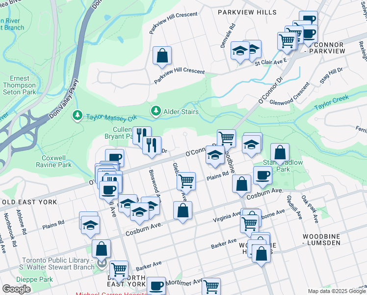 map of restaurants, bars, coffee shops, grocery stores, and more near in Toronto