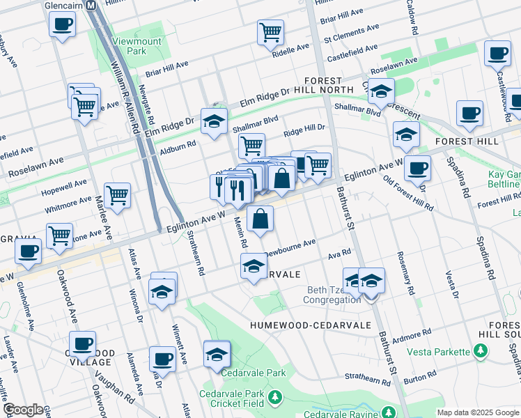 map of restaurants, bars, coffee shops, grocery stores, and more near 989 Eglinton Avenue West in Toronto