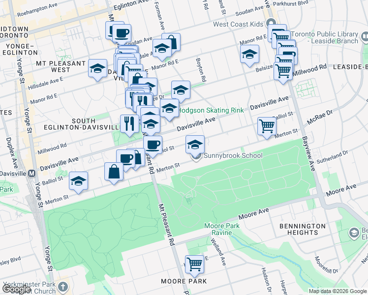 map of restaurants, bars, coffee shops, grocery stores, and more near 401 Balliol Street in Toronto