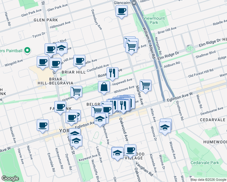 map of restaurants, bars, coffee shops, grocery stores, and more near 384 Whitmore Avenue in Toronto