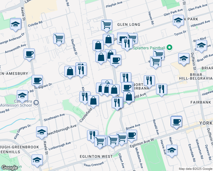 map of restaurants, bars, coffee shops, grocery stores, and more near 724 Caledonia Road in Toronto