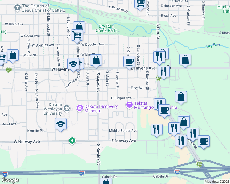map of restaurants, bars, coffee shops, grocery stores, and more near 1116 South Main Street in Mitchell