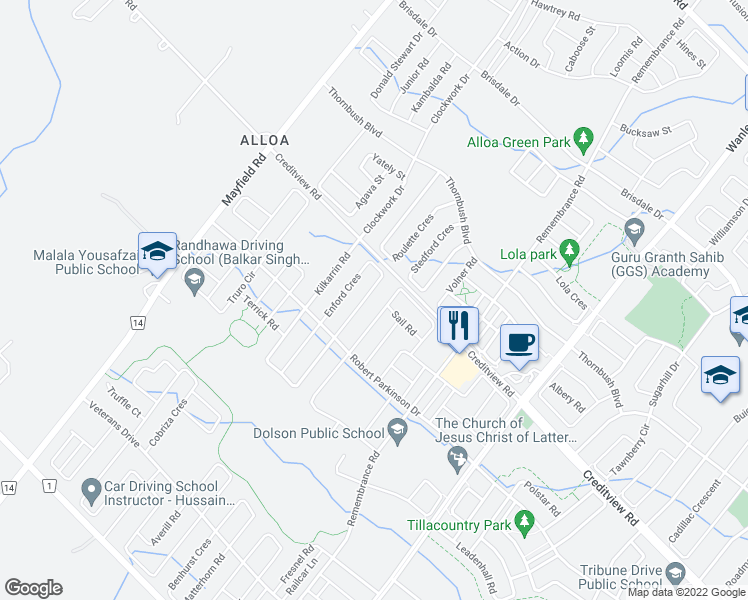 map of restaurants, bars, coffee shops, grocery stores, and more near 36 Enford Crescent in Brampton