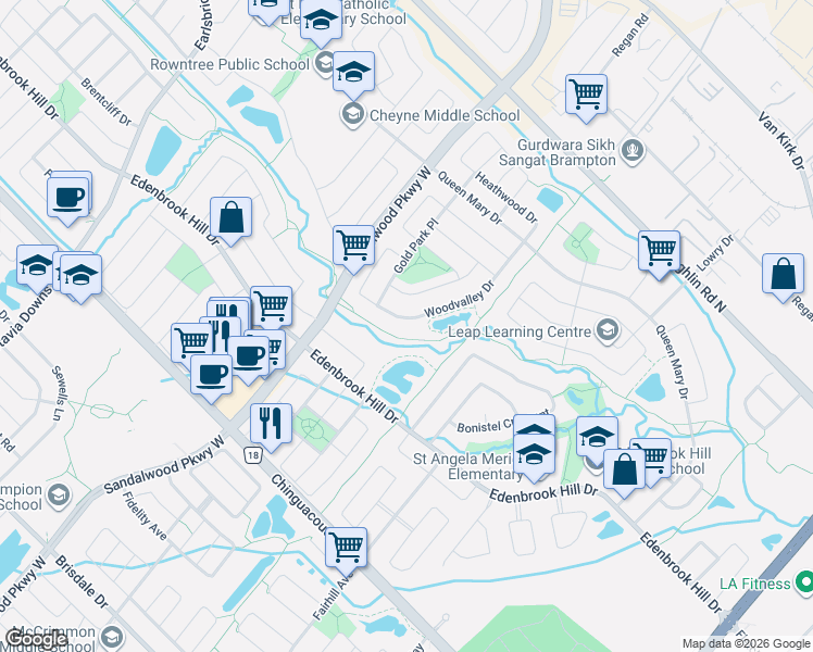 map of restaurants, bars, coffee shops, grocery stores, and more near 61 Woodvalley Drive in Brampton