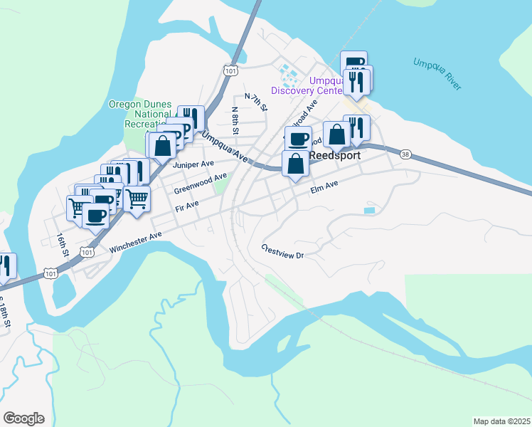 map of restaurants, bars, coffee shops, grocery stores, and more near 740 Elm Avenue in Reedsport