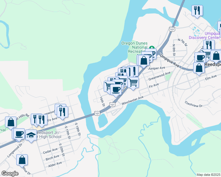 map of restaurants, bars, coffee shops, grocery stores, and more near 1405 Oregon Coast Highway in Reedsport