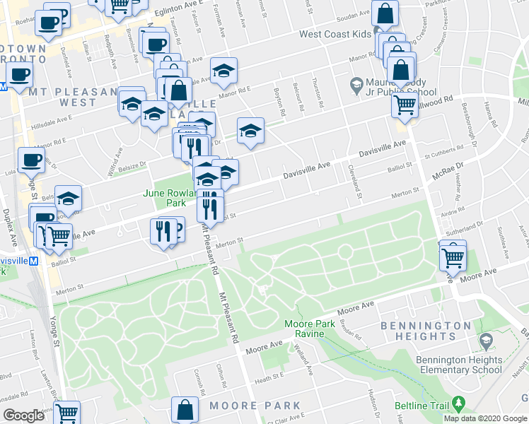 map of restaurants, bars, coffee shops, grocery stores, and more near 419 Balliol Street in Toronto